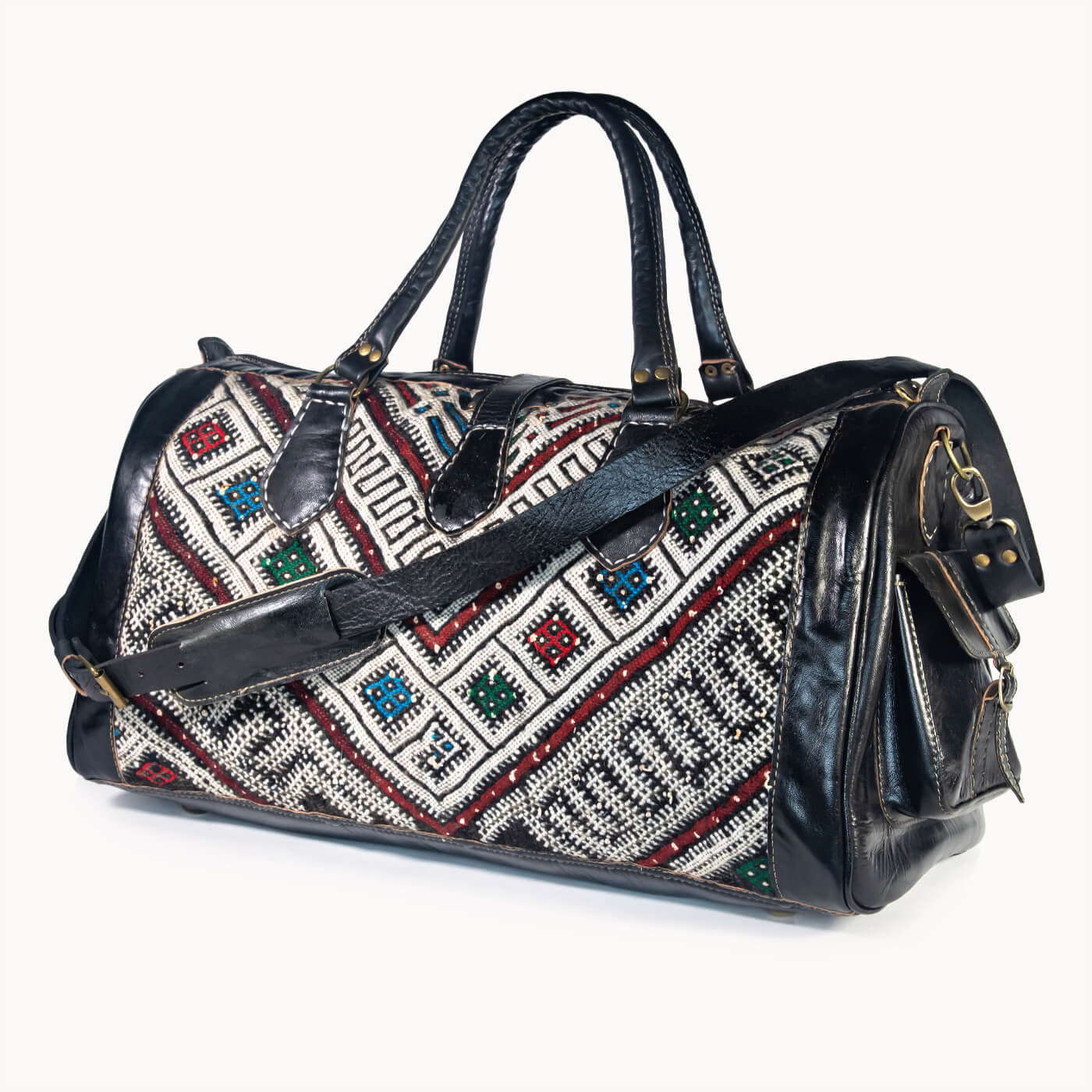 Doenya Leren Reistas 'Kilim X' (zwart) met Marokkaanse kelim