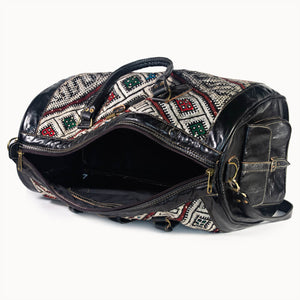 Doenya Leren Reistas 'Kilim X' (zwart) met Marokkaanse kelim