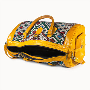 Doenya Leren Reistas 'Kilim X' (geel) met Marokkaanse kelim