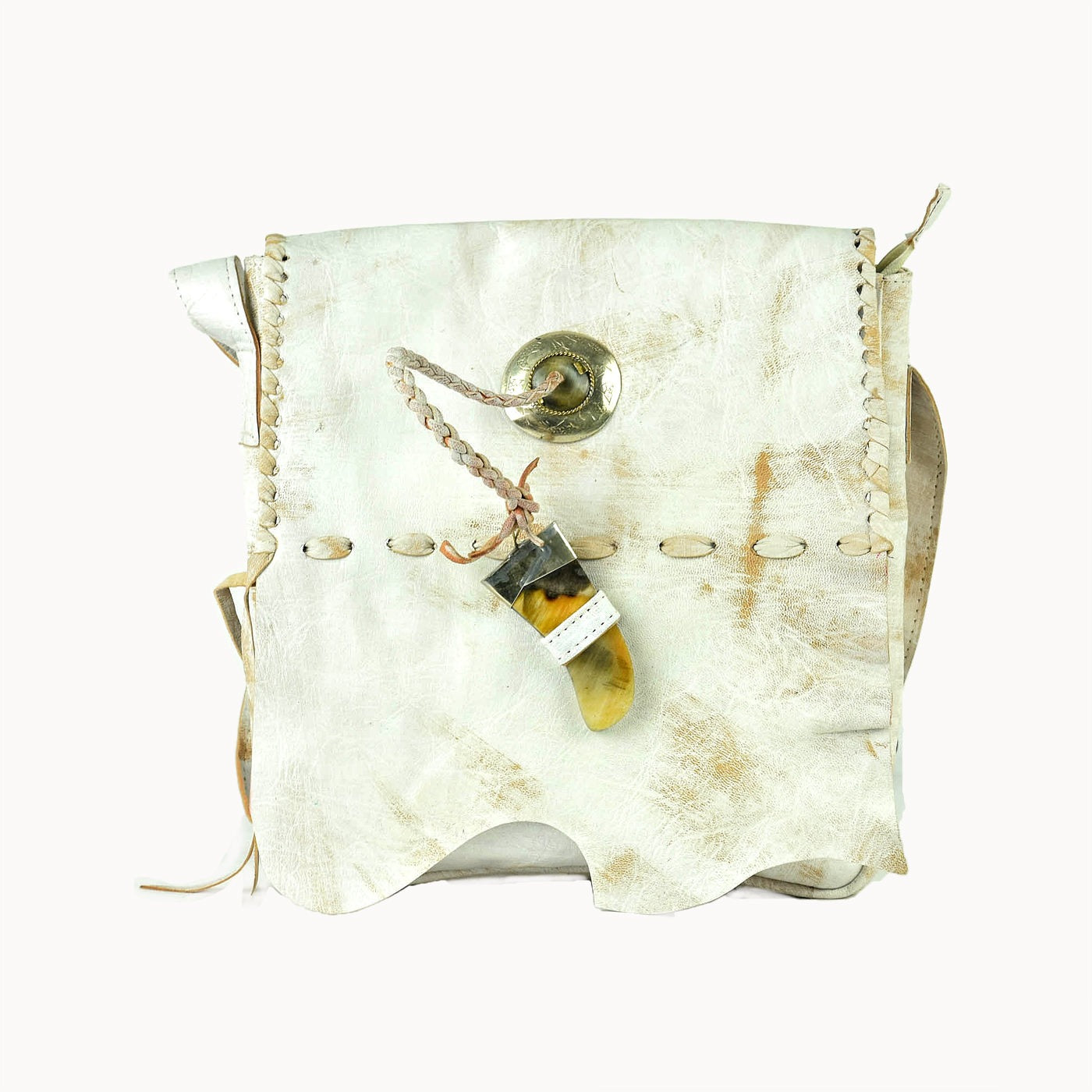 Doenya Leren Tas ‘Tribal’ wit, boho, Ibiza stijl - Doendoe Webshop