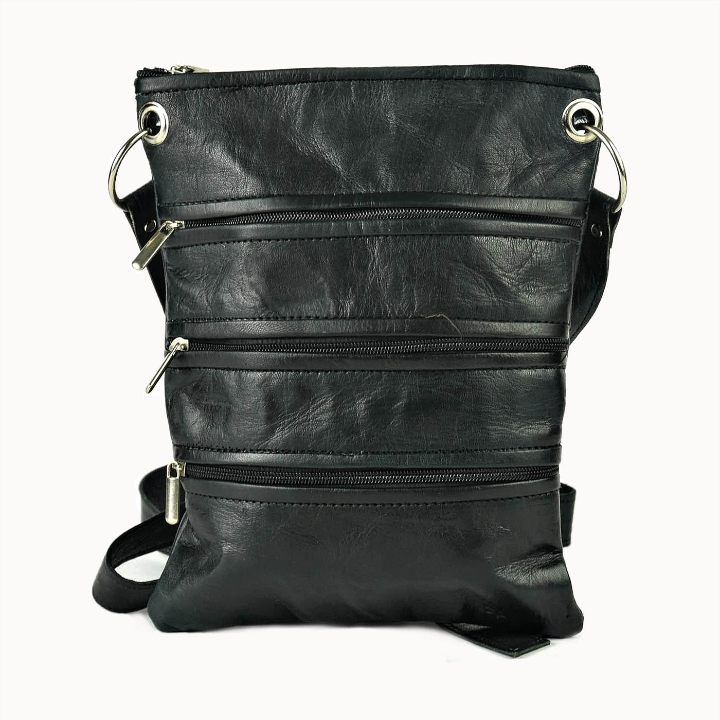 Doenya Leren Tas ‘Zipper’ zwart, boho, Ibiza stijl - Doendoe Webshop