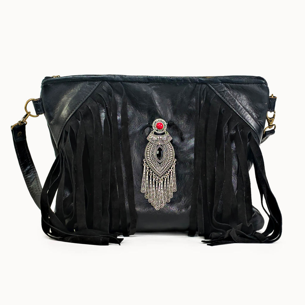 Doenya Leren Tas ‘Afghane’ zwart, boho, Ibiza stijl - Doendoe Webshop